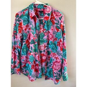 Talbots Women's Floral Print Button Down Shirt Size L Cottagecore Garden Fairy